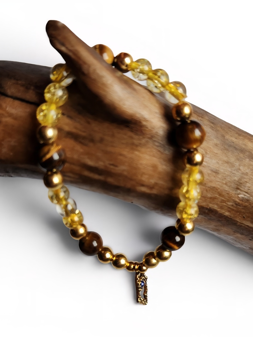 Gold and Amber Tiger Eye Beaded Bracelet With Hamsa Hand Charm